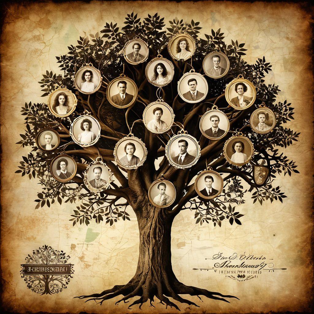 A beautifully arranged family tree with intertwining branches, each adorned with vintage photographs of ancestors from different eras, a magnifying glass emphasizing a hidden name, an old map in the background symbolizing exploration of roots, soft sunlight illuminating the scene to evoke nostalgia. vintage style. warm tones. textured background.