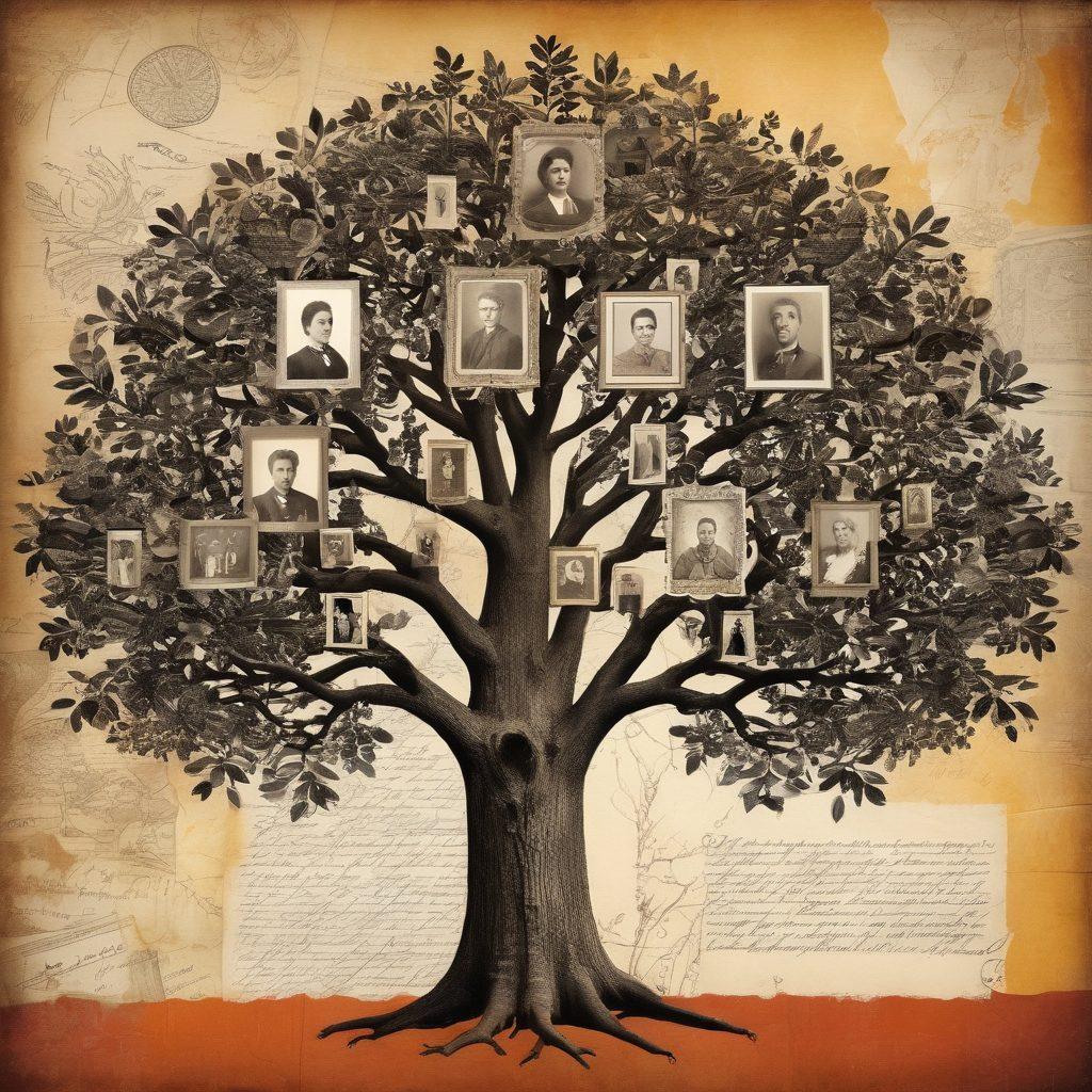 A captivating vintage-style collage featuring an ancient family tree with intricate branches, intertwined with black-and-white photographs of diverse family members from different eras. Incorporate elements like old letters, historical maps, and heirloom artifacts scattered around the tree, symbolizing timeless stories. The background should evoke nostalgia with warm, faded colors, enhancing the depth of heritage and connection. vintage collage. warm colors. textured background.