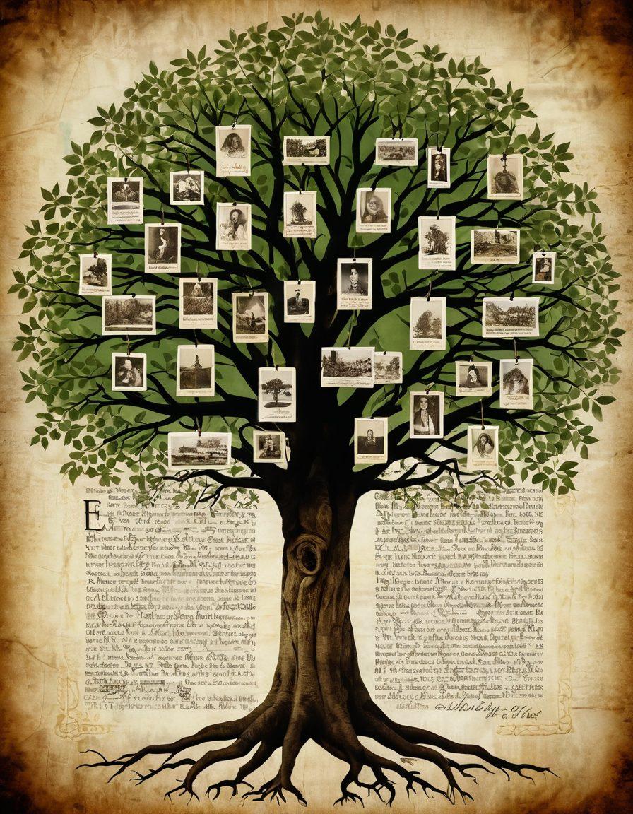 A beautifully illustrated family tree with intricate roots sprawling outwards, each branch adorned with vintage photographs and documents representing different eras. Set against a backdrop of an ancient parchment map, symbols of cultural heritage subtly integrated into the design. Enhance the scene with warm, nostalgic lighting and hints of green leaves for a sense of growth and connection. vintage style. warm tones. intricate details.